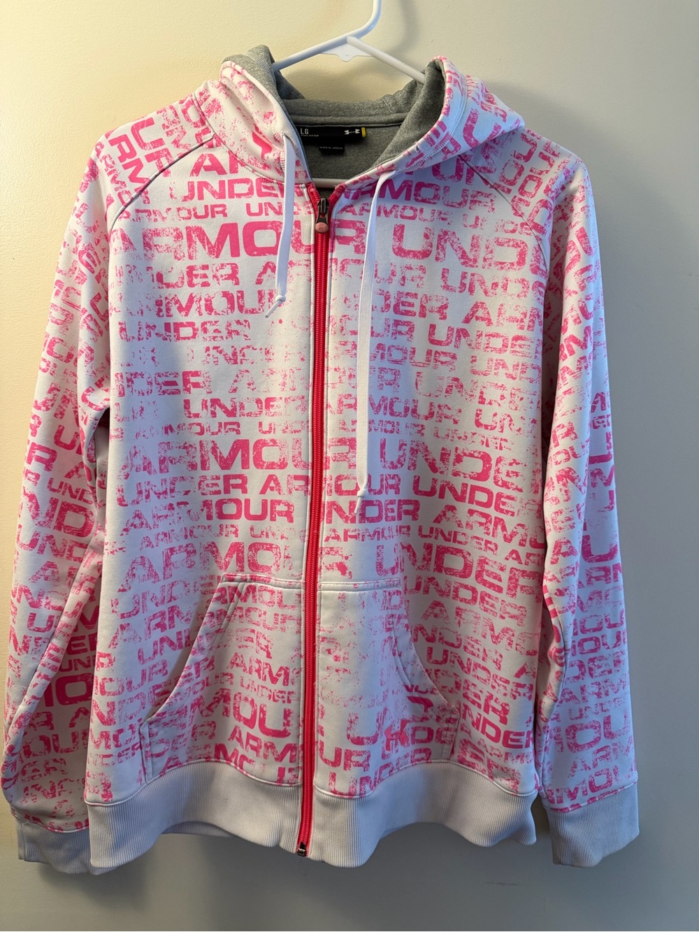 Under Armour Womens L Long Sleeve Full Zip Drawstring Hooded Jacket White Pink